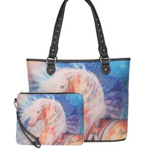 MONTANA WEST Horse Graphic Canvas Shoulder Tote & Wristlet Set NWT
